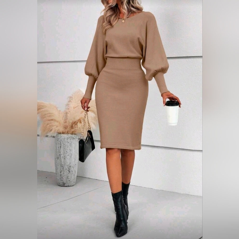 New Chic High Waist Lantern Sleeve Knit Dress Camel Tan
